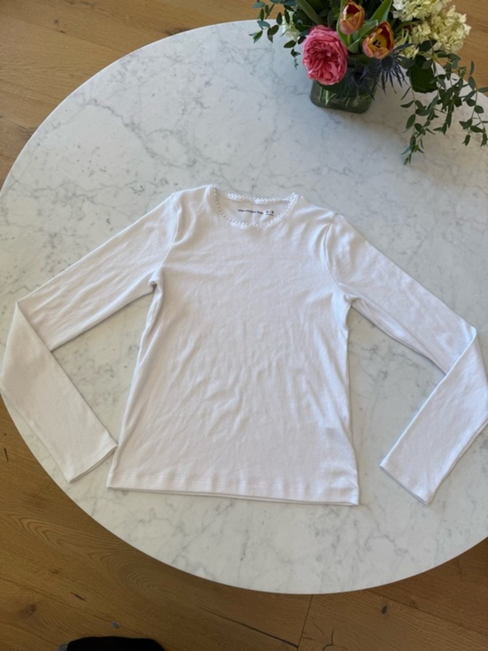 Abercrombie Kids White Ribbed Long Sleeve Top Size 13/14 Lace Trim